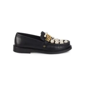 Moschino Couture! Black Faux Pearl Moc-Toe Leather Loafers Size 7