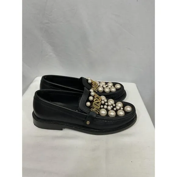 Moschino Couture! Black Faux Pearl Moc-Toe Leather Loafers Size 7