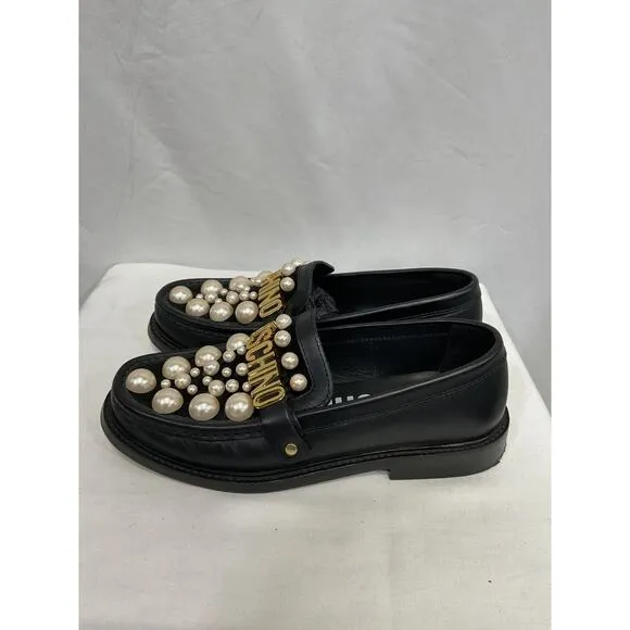 Moschino Couture! Black Faux Pearl Moc-Toe Leather Loafers Size 7