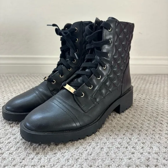 Nanette Lepore Idalia Black Quilted Faux Leather Combat Moto Boots Size 8