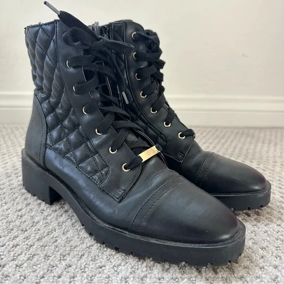 Nanette Lepore Idalia Black Quilted Faux Leather Combat Moto Boots Size 8