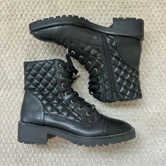 Nanette Lepore Idalia Black Quilted Faux Leather Combat Moto Boots Size 8
