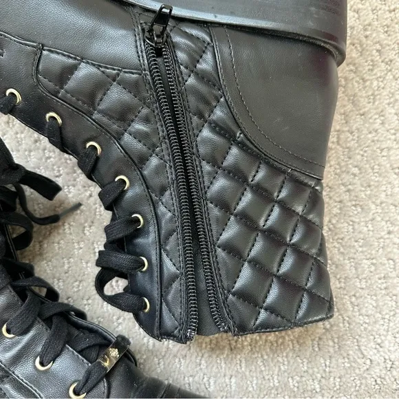 Nanette Lepore Idalia Black Quilted Faux Leather Combat Moto Boots Size 8