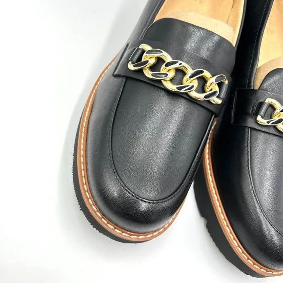 Naturalizer Womens Desi Black Leather Lug Sole Gold Bit Chain Loafers Shoes 10.5