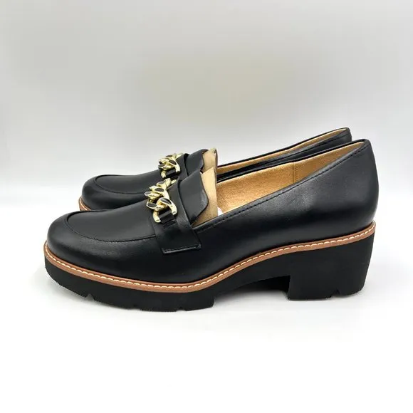 Naturalizer Womens Desi Black Leather Lug Sole Gold Bit Chain Loafers Shoes 10.5