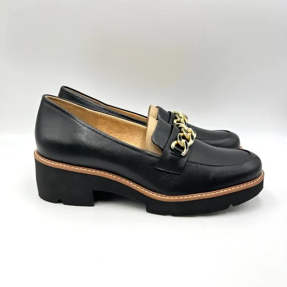 Naturalizer Womens Desi Black Leather Lug Sole Gold Bit Chain Loafers Shoes 10.5