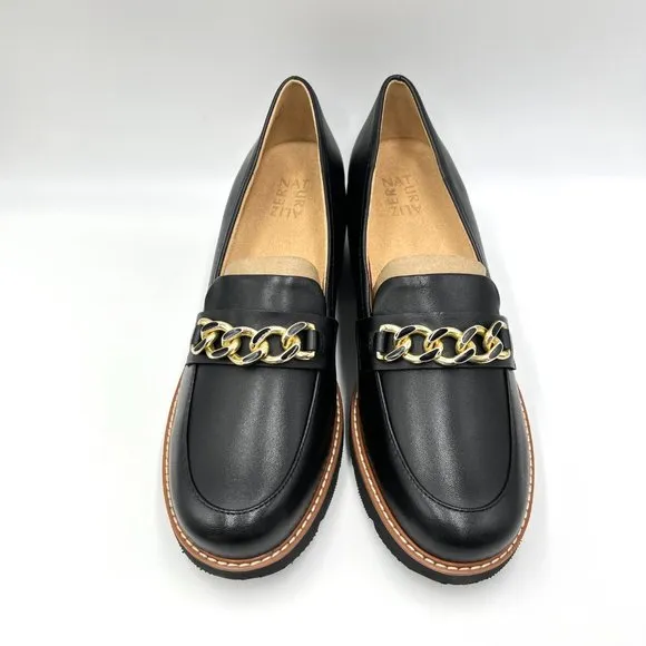 Naturalizer Womens Desi Black Leather Lug Sole Gold Bit Chain Loafers Shoes 10.5