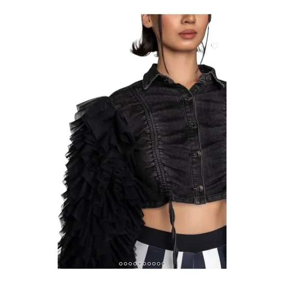 NEW AZALEA WANG Black Ruched Denim Oversized Ruffle Sleeve Cropped Jacket 3XL