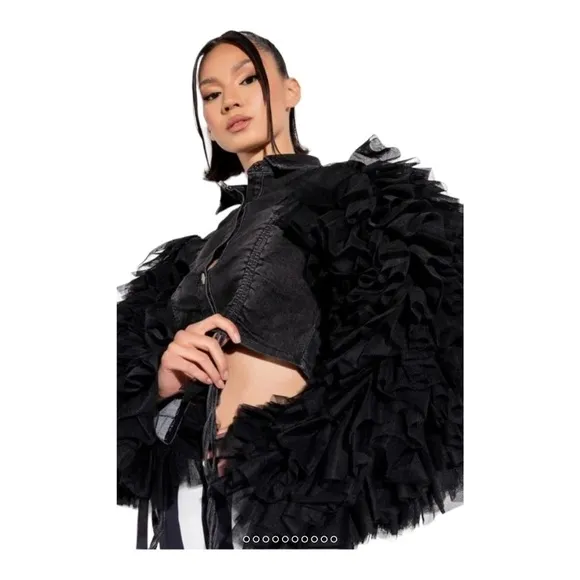 NEW AZALEA WANG Black Ruched Denim Oversized Ruffle Sleeve Cropped Jacket 3XL