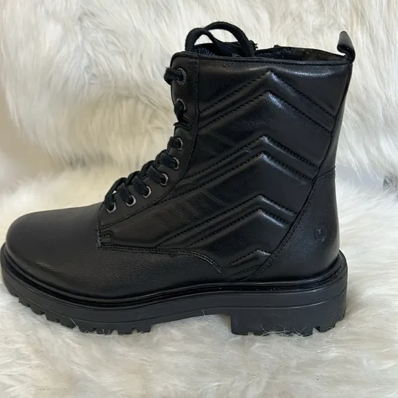 NEW, CARMELA LEATHER COMBAT BOOTS BLK SZ 8 1/2 &amp; 9