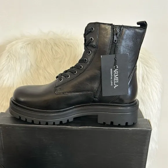 NEW, CARMELA LEATHER COMBAT BOOTS BLK SZ 8 1/2 &amp; 9