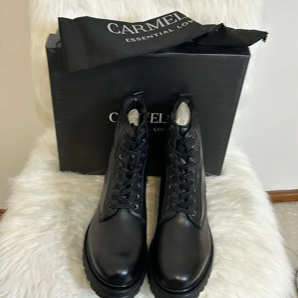 NEW, CARMELA LEATHER COMBAT BOOTS BLK SZ 8 1/2 &amp; 9