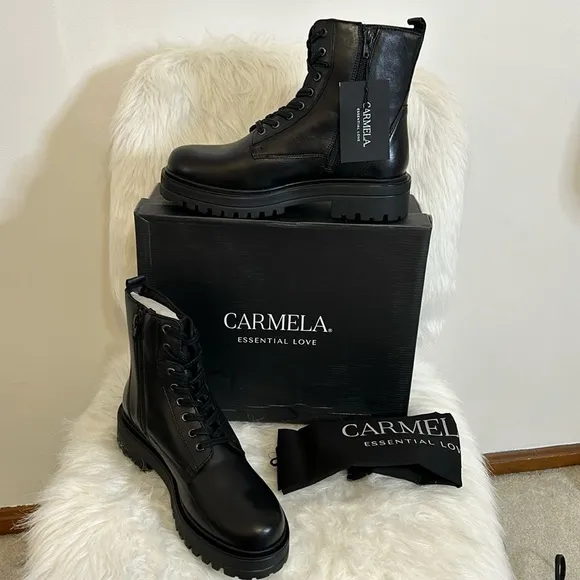 NEW, CARMELA LEATHER COMBAT BOOTS BLK SZ 8 1/2 &amp; 9