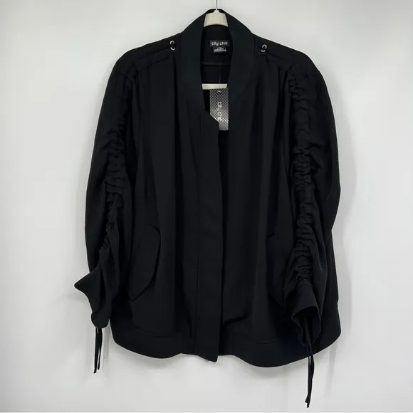 NEW City Chic Black Gathered Ruched Tie Cuffs Hidden Button Zipper Bomber Jacket