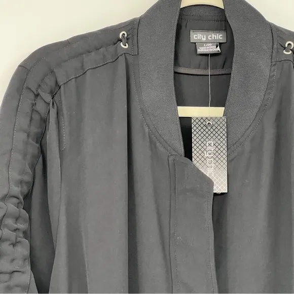 NEW City Chic Black Gathered Ruched Tie Cuffs Hidden Button Zipper Bomber Jacket