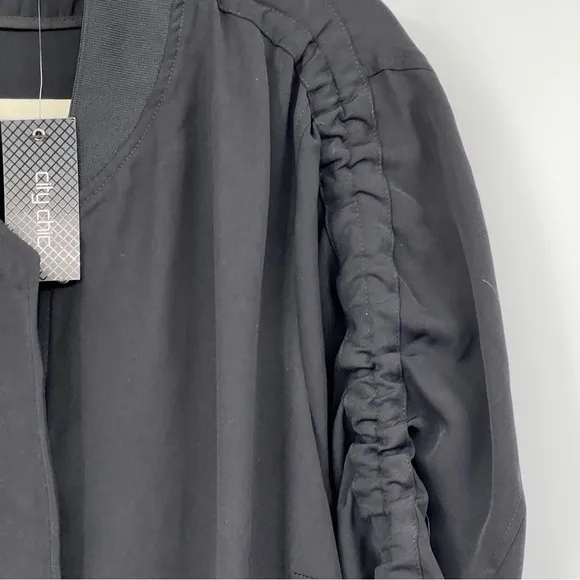 NEW City Chic Black Gathered Ruched Tie Cuffs Hidden Button Zipper Bomber Jacket