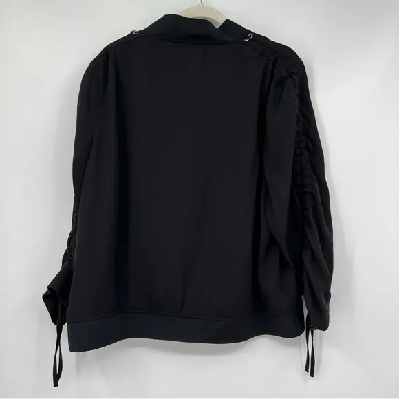 NEW City Chic Black Gathered Ruched Tie Cuffs Hidden Button Zipper Bomber Jacket