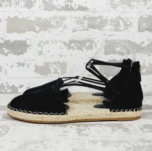 NEW Eileen Fisher Leather Elastic Lace Up Black Espadrilles E391