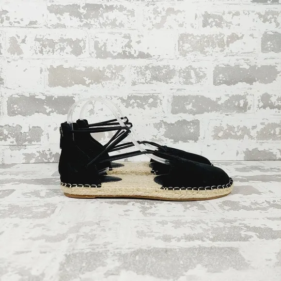 NEW Eileen Fisher Leather Elastic Lace Up Black Espadrilles E391
