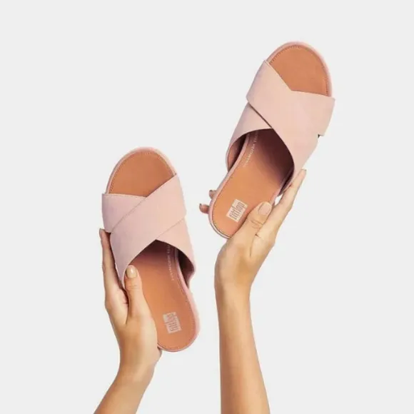 New! FitFlop Gracie Suede Cross Slides Beige Size 10