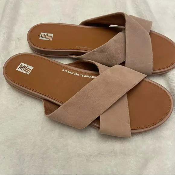 New! FitFlop Gracie Suede Cross Slides Beige Size 10