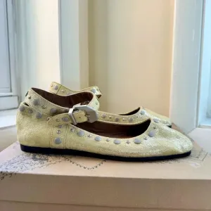 New Free People Mystic Mary Jane Flats Shoes Studded Buckle Sun Butter Yellow