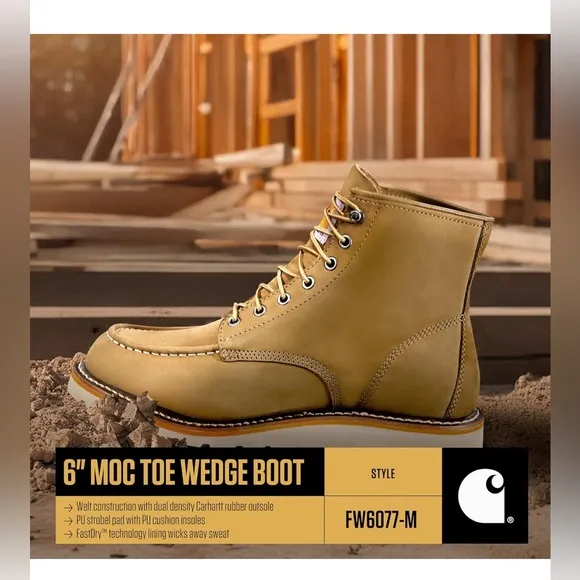 New in box 6&quot; MOC TOE WEDGE BOOT Carhartt Men's Tan Boots