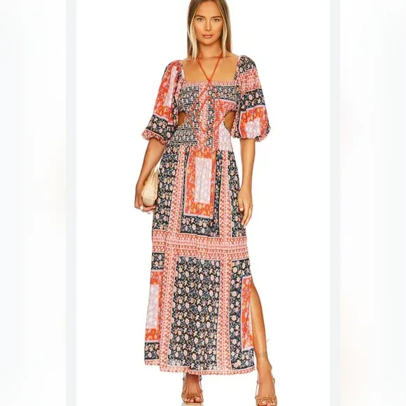 New Jen's Pirate Booty Roma Doe Orange &amp; Blue Cutout Patchwork Maxi Dress