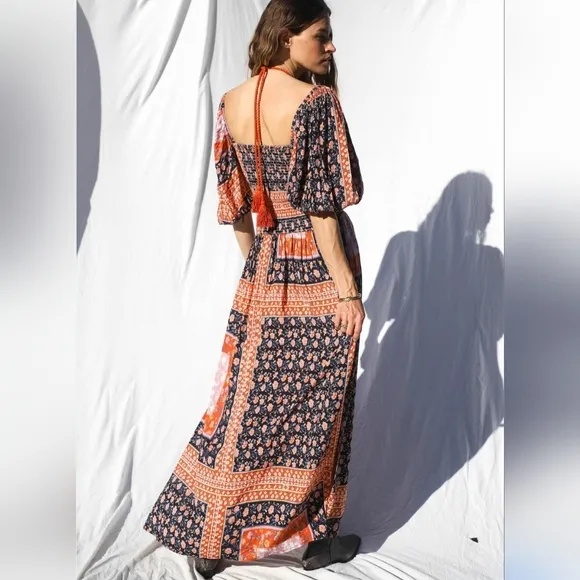 New Jen's Pirate Booty Roma Doe Orange &amp; Blue Cutout Patchwork Maxi Dress