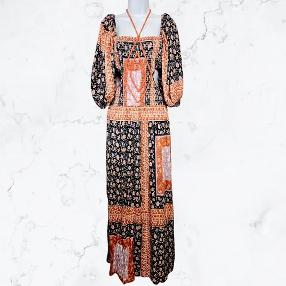 New Jen's Pirate Booty Roma Doe Orange &amp; Blue Cutout Patchwork Maxi Dress