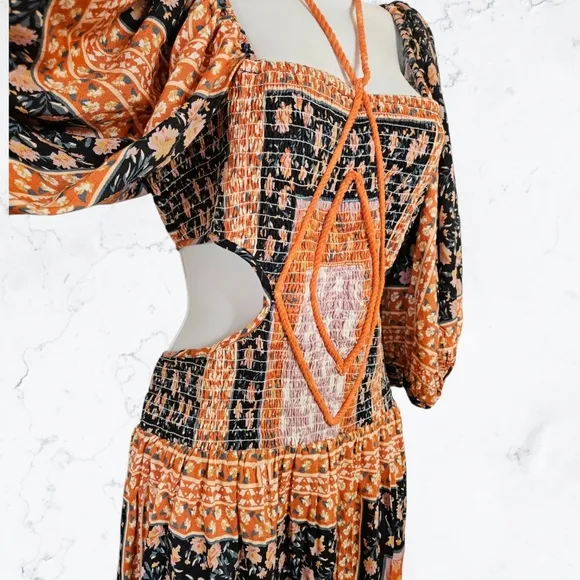 New Jen's Pirate Booty Roma Doe Orange &amp; Blue Cutout Patchwork Maxi Dress