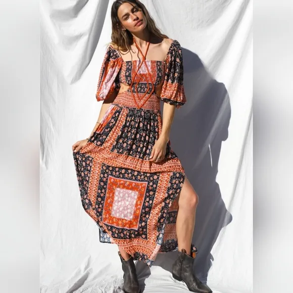 New Jen's Pirate Booty Roma Doe Orange &amp; Blue Cutout Patchwork Maxi Dress