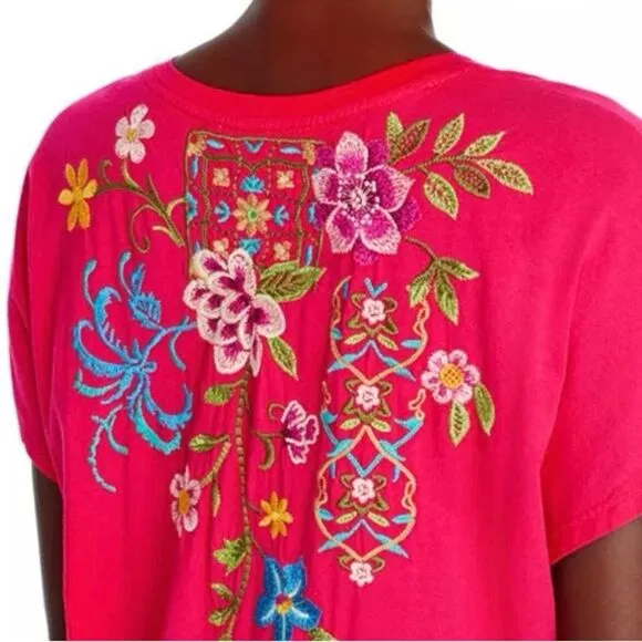 New Johnny Was Sheri Relaxed Knit Dress Floral Embroidered Hot Pink Size XL