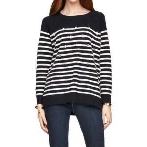 NEW KATE SPADE crystal embellished stripe merino wool pullover sweater in blue