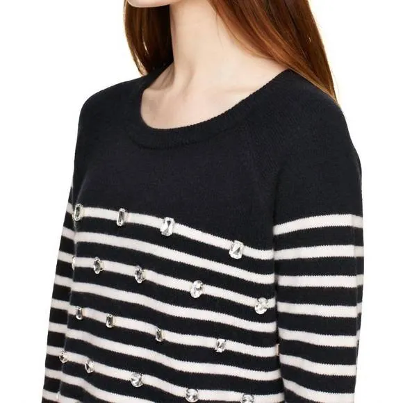 NEW KATE SPADE crystal embellished stripe merino wool pullover sweater in blue