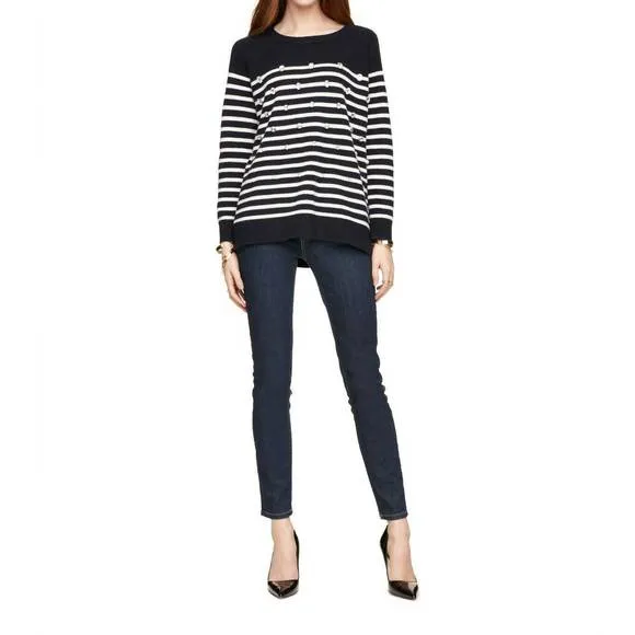 NEW KATE SPADE crystal embellished stripe merino wool pullover sweater in blue