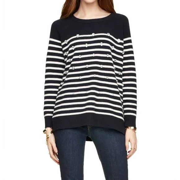 NEW KATE SPADE crystal embellished stripe merino wool pullover sweater in blue