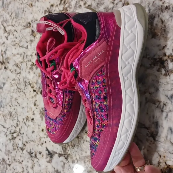 NEW Kurt Geiger London Leather and Tweed Kensington Sneakers Hot Pink
