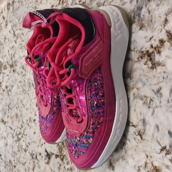 NEW Kurt Geiger London Leather and Tweed Kensington Sneakers Hot Pink