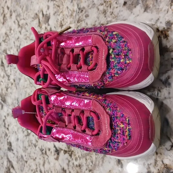 NEW Kurt Geiger London Leather and Tweed Kensington Sneakers Hot Pink