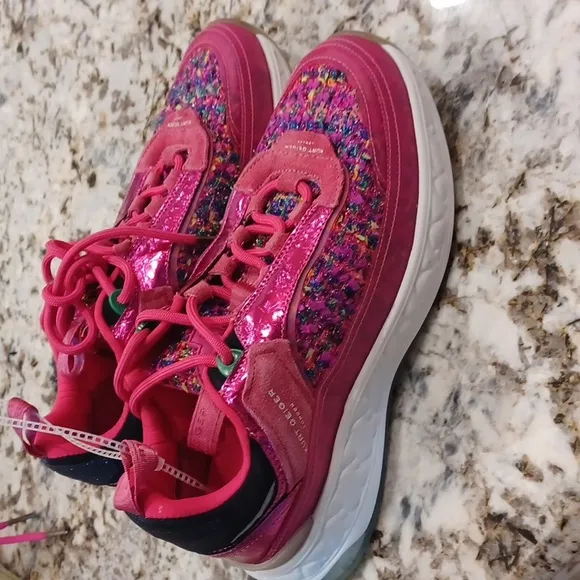 NEW Kurt Geiger London Leather and Tweed Kensington Sneakers Hot Pink
