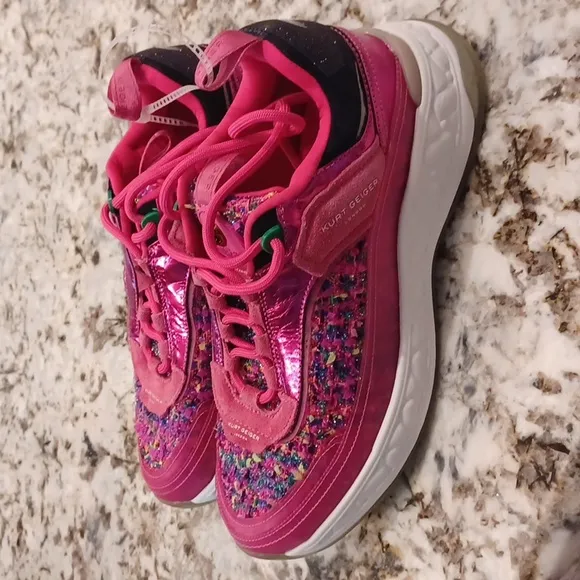 NEW Kurt Geiger London Leather and Tweed Kensington Sneakers Hot Pink