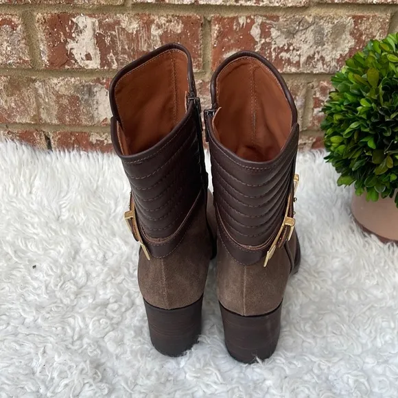 New Napoleoni Brown Suede And Leather Chunky Heel Gold Buckle Ankle Boots Size 7