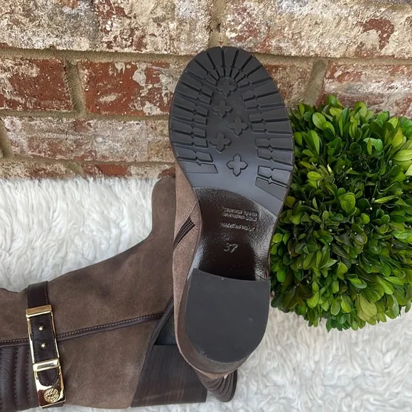 New Napoleoni Brown Suede And Leather Chunky Heel Gold Buckle Ankle Boots Size 7