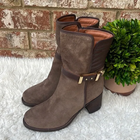 New Napoleoni Brown Suede And Leather Chunky Heel Gold Buckle Ankle Boots Size 7