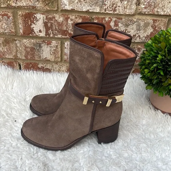 New Napoleoni Brown Suede And Leather Chunky Heel Gold Buckle Ankle Boots Size 7