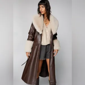 New nasty gal Luxurious Brown faux Leather Coat with Cream Fur Trim Sz 6 US