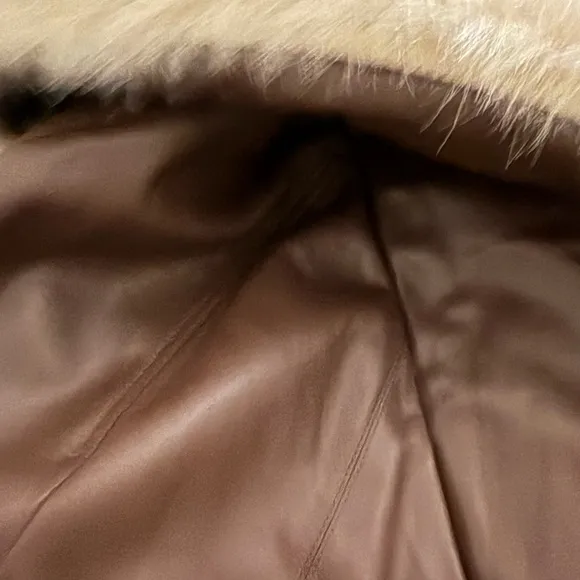 New nasty gal Luxurious Brown faux Leather Coat with Cream Fur Trim Sz 6 US