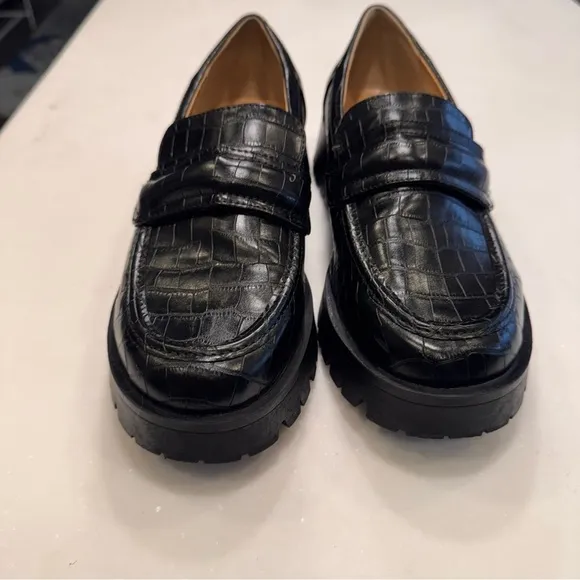 New Nine West Garren Black Croc Embossed Lug Sole Loafer Womens  Size 9.5