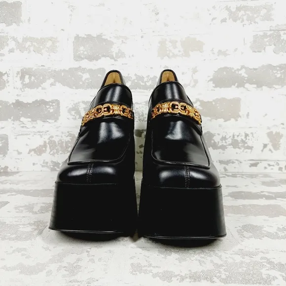 New SAM EDELMAN Rowe Platform Black Faux Leather Heeled Loafers D934